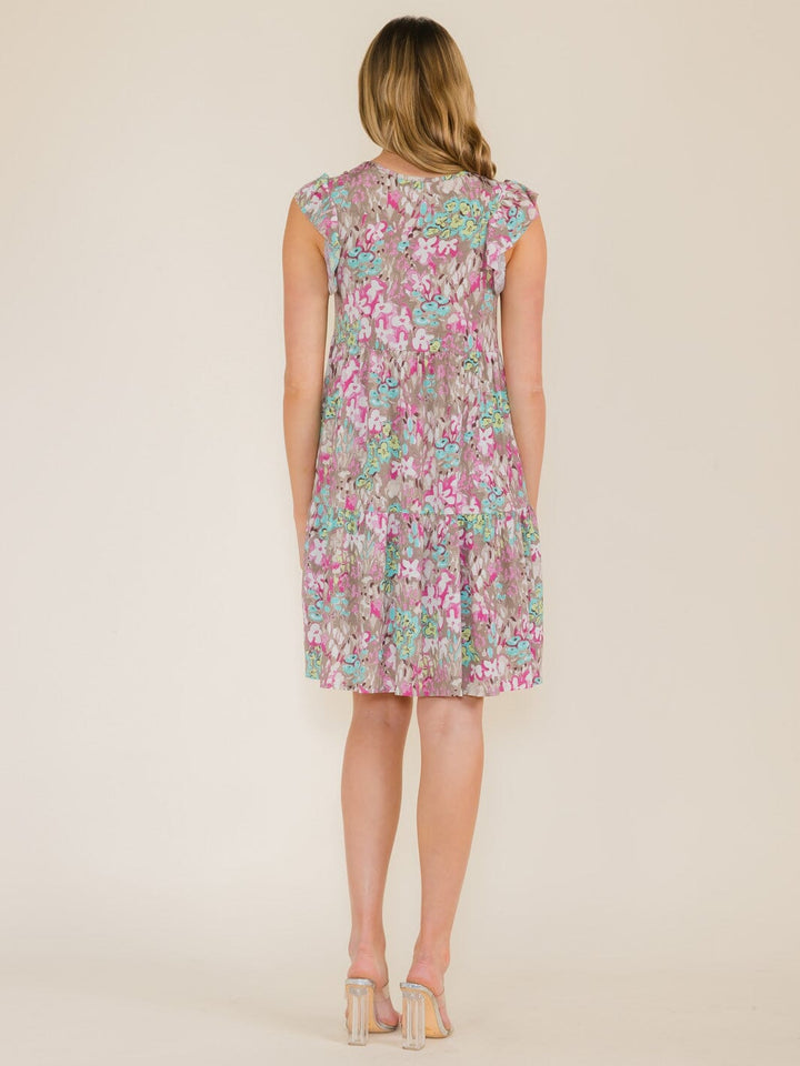 WOMEN'S RUFFLE SLEEVE FLORAL PRINT TUNIC HIGH-LOW FRONT POCKETS MINI DRESS
