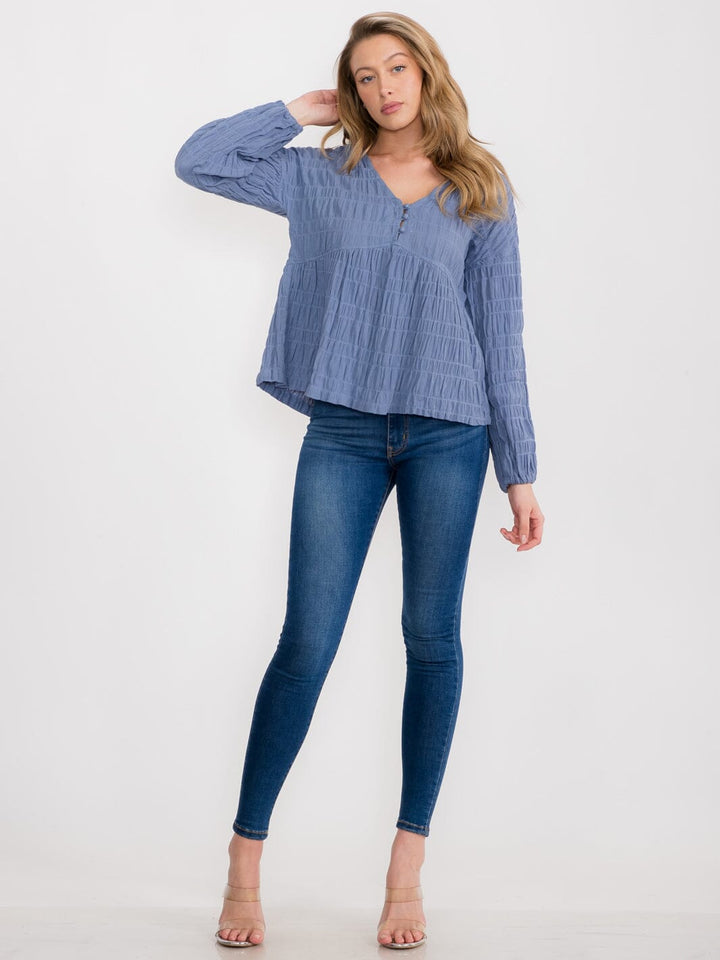 WOMEN'S LONG SLEEVE BUTTON UP V-NECK BLOUSE