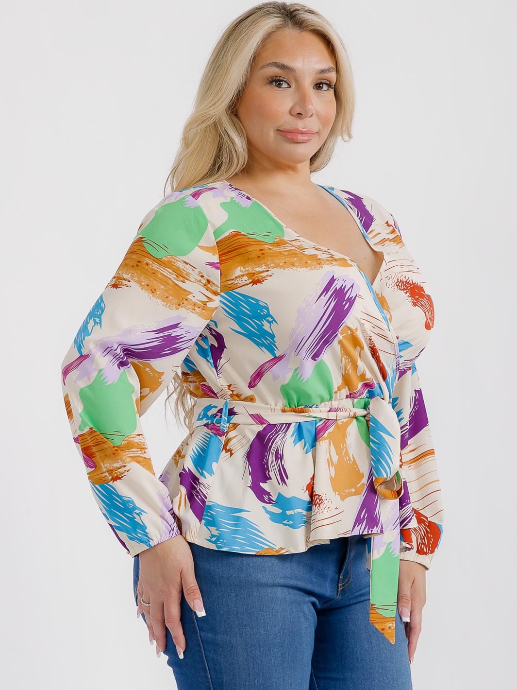 PLUS SIZE LONG SLEEVES SURPLICE SELF TIE MULTI PRINT BLOUSE