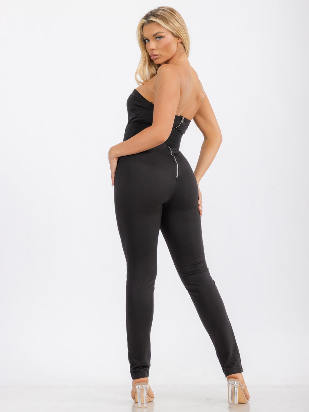 WOMEN'S SLEEVELESS BODYCON BELTED SOLID SKINNY LEG JUMPSUIT