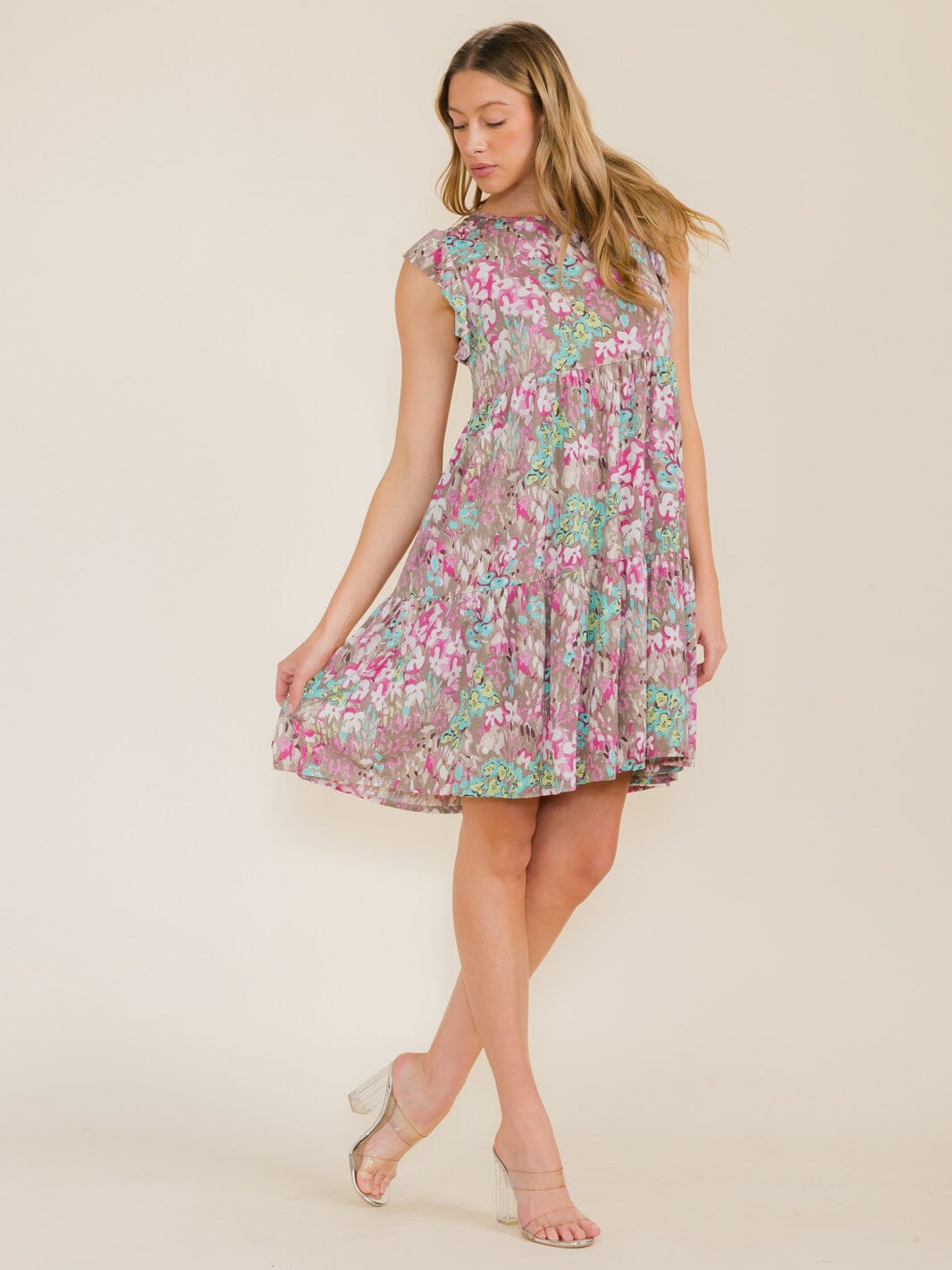 WOMEN'S RUFFLE SLEEVE FLORAL PRINT TUNIC HIGH-LOW FRONT POCKETS MINI DRESS