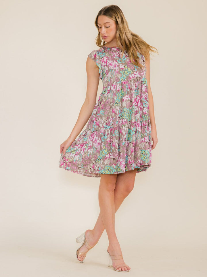 WOMEN'S RUFFLE SLEEVE FLORAL PRINT TUNIC HIGH-LOW FRONT POCKETS MINI DRESS