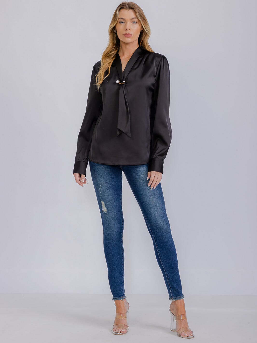 WOMEN'S LONG SLEEVE V-NECK SCARF DETAILED BLOUSE