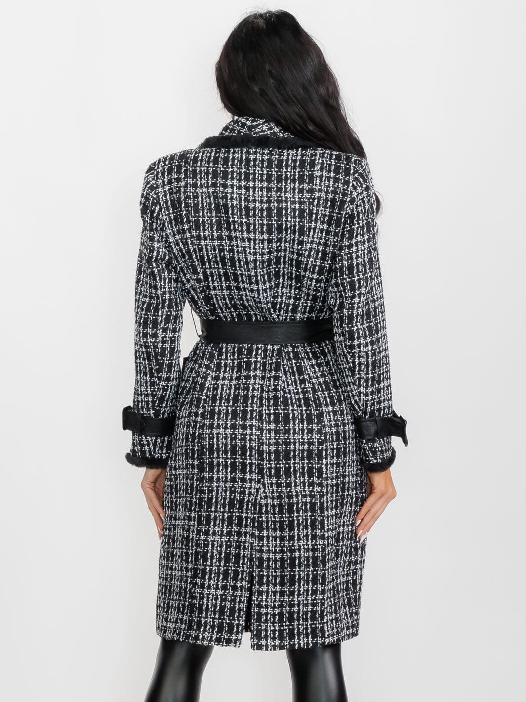 WOMEN'S LONG SLEEVE BUTTON CLOSURE FRONT POCKETS PLAID TWEED COAT