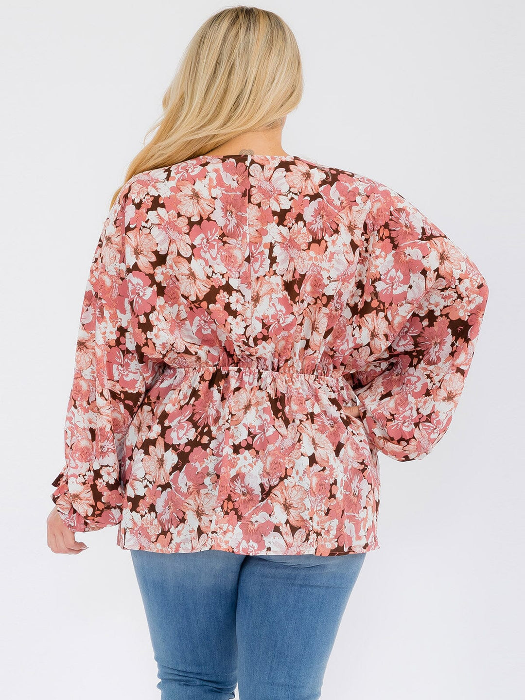 PLUS SIZE LONG SLEEVE V-NECK RUFFLE FLORAL BLOUSE TOP