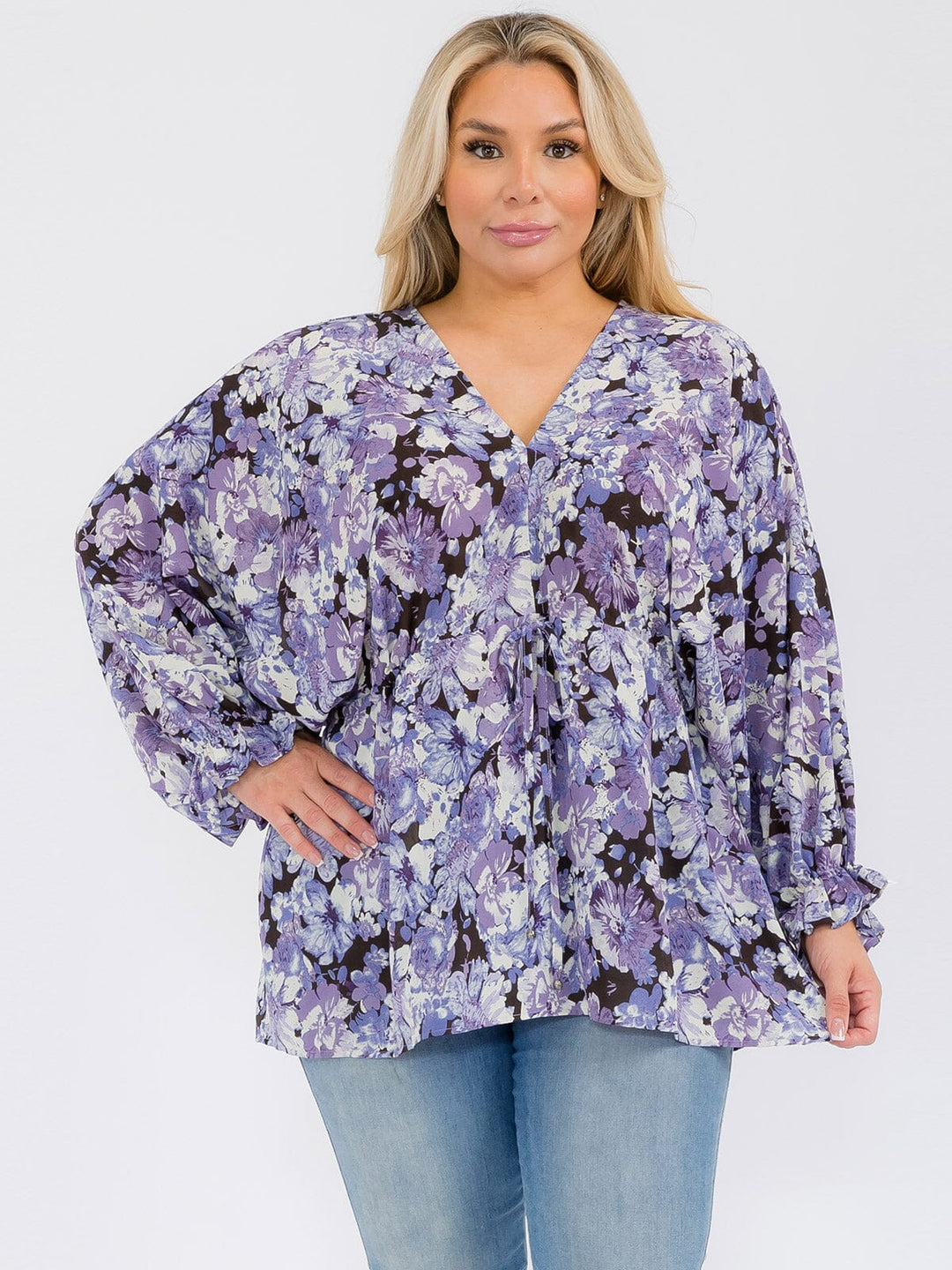 PLUS SIZE LONG SLEEVE V-NECK RUFFLE FLORAL BLOUSE TOP