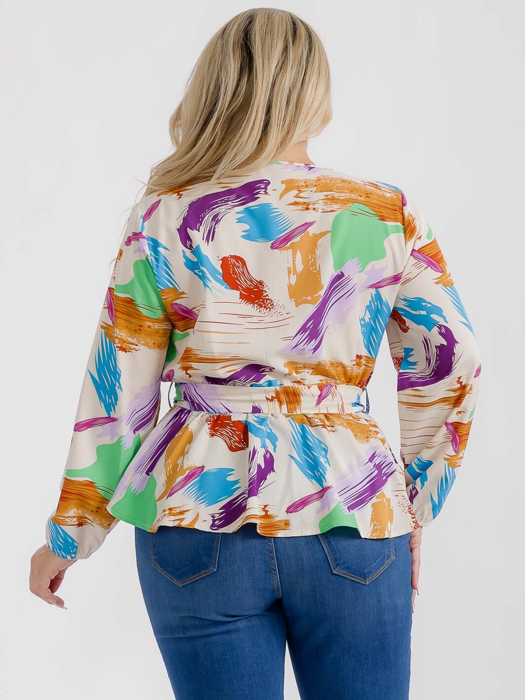 PLUS SIZE LONG SLEEVES SURPLICE SELF TIE MULTI PRINT BLOUSE