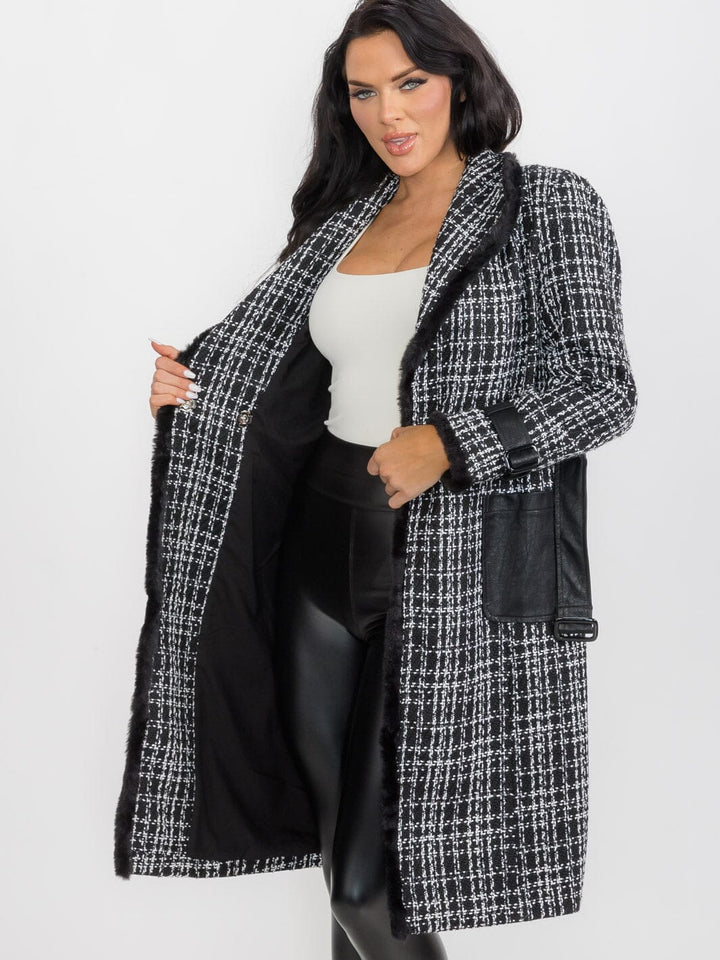 WOMEN'S LONG SLEEVE BUTTON CLOSURE FRONT POCKETS PLAID TWEED COAT