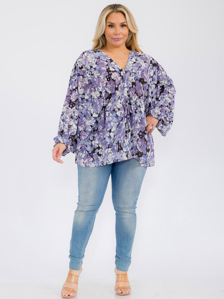PLUS SIZE LONG SLEEVE V-NECK RUFFLE FLORAL BLOUSE TOP