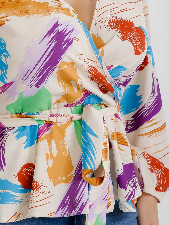 PLUS SIZE LONG SLEEVES SURPLICE SELF TIE MULTI PRINT BLOUSE