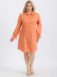 PLUS SIZE LONG SLEEVE BUTTON UP FRONT POCKETS SOLID MINI DRESS