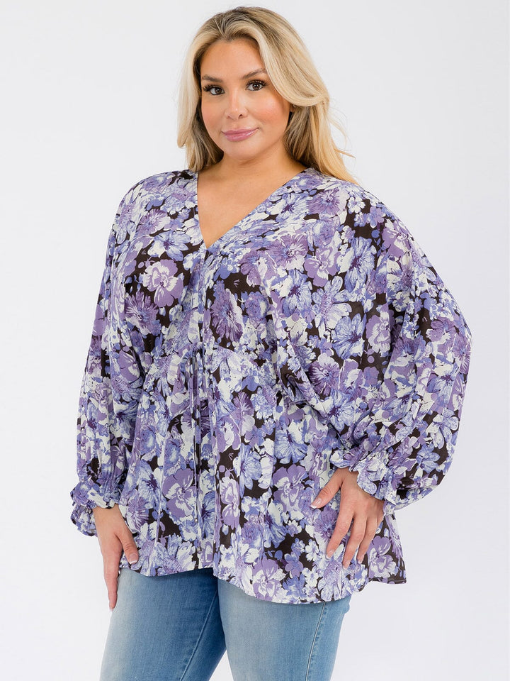 PLUS SIZE LONG SLEEVE V-NECK RUFFLE FLORAL BLOUSE TOP