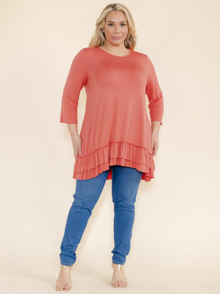 PLUS SIZE 3/4 SLEEVES RUFFLE BOTTOM HEM TUNIC HIGH-LOW TOP