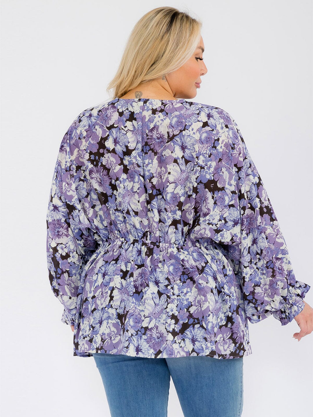PLUS SIZE LONG SLEEVE V-NECK RUFFLE FLORAL BLOUSE TOP