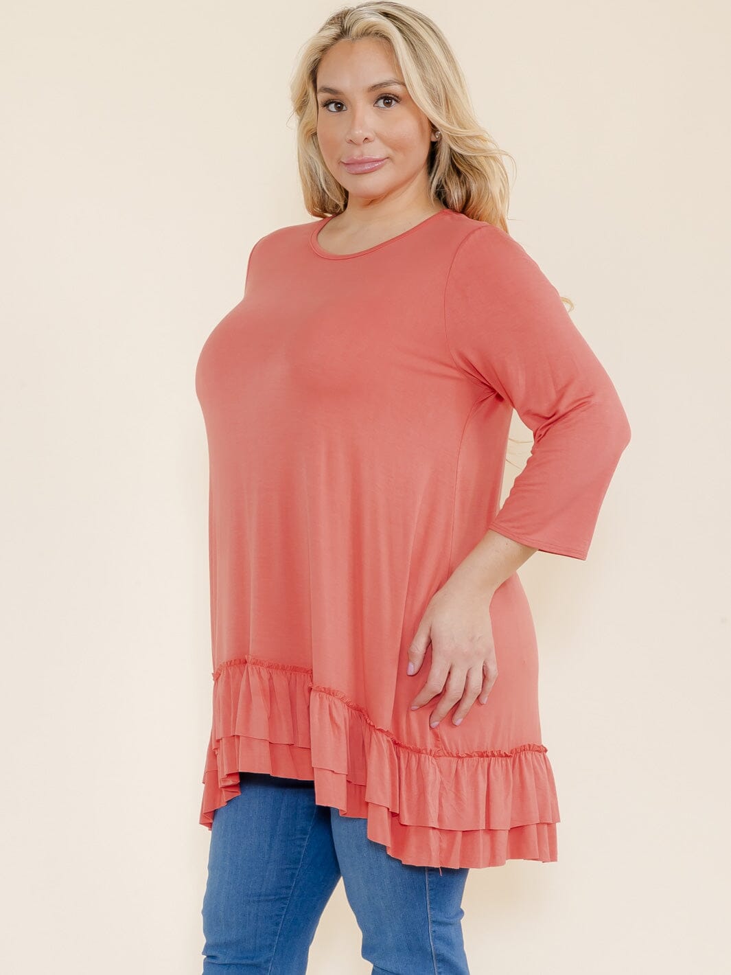 PLUS SIZE 3/4 SLEEVES RUFFLE BOTTOM HEM TUNIC HIGH-LOW TOP