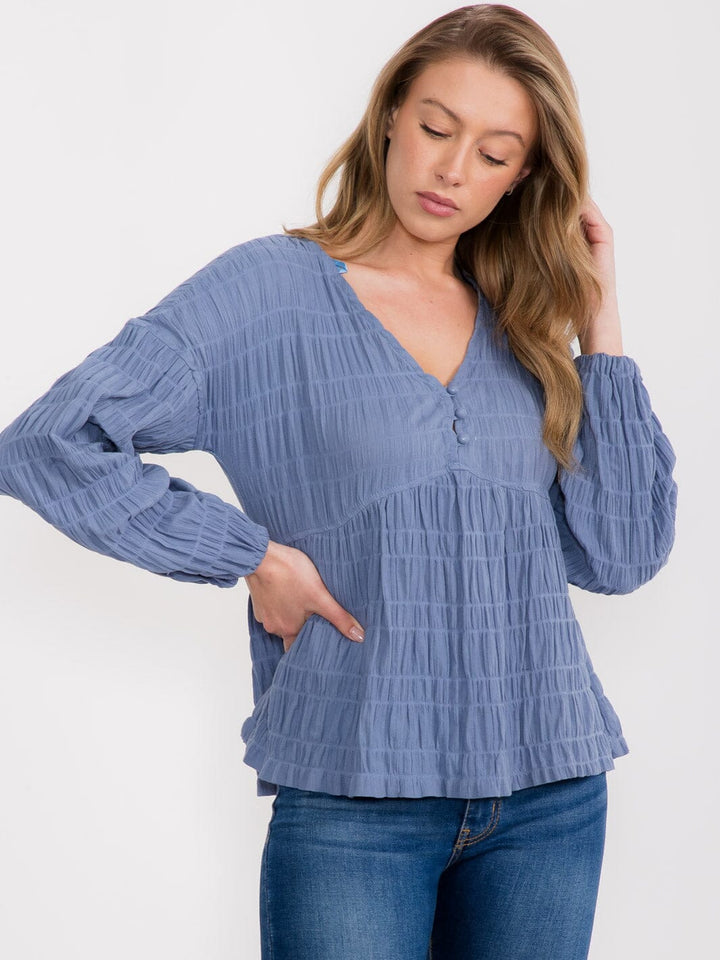WOMEN'S LONG SLEEVE BUTTON UP V-NECK BLOUSE