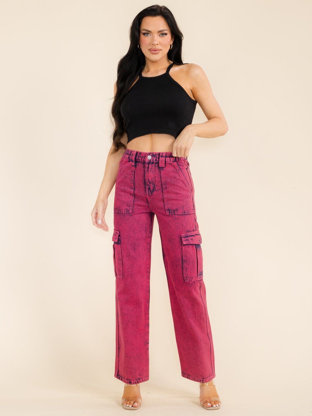 WOMEN'S BUTTON CLOSURE POCKETS WASHED WIDE LEG DENIM PANTS