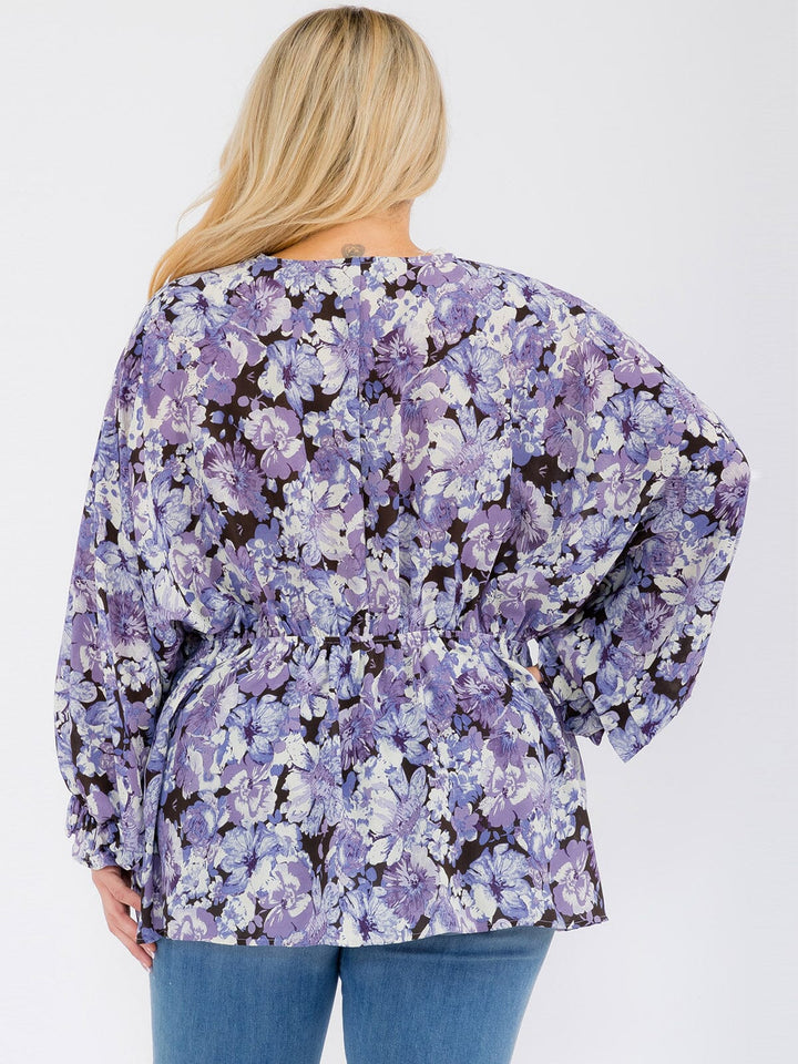 PLUS SIZE LONG SLEEVE V-NECK RUFFLE FLORAL BLOUSE TOP