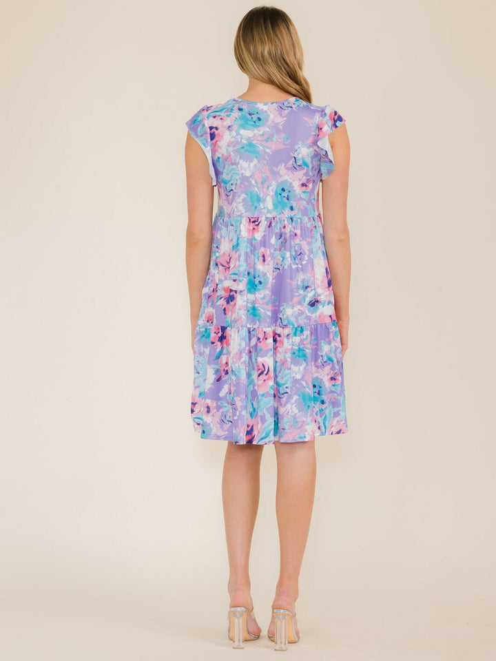 WOMEN'S RUFFLE SLEEVE FLORAL PRINT TUNIC HIGH-LOW FRONT POCKETS MINI DRESS