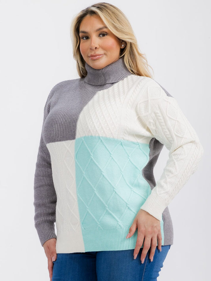 PLUS SIZE LONG SLEEVE TURTLE NECK DETAILED COLORBLOCK PULLOVER SWEATER