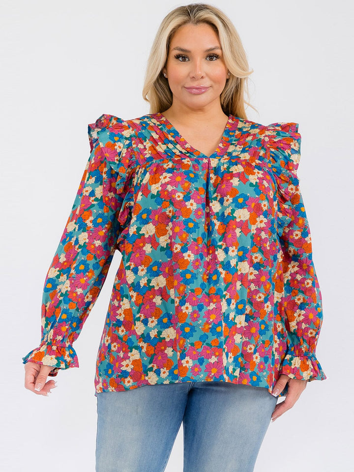PLUS SIZE LONG SLEEVE V-NECK RUFFLE FLORAL BLOUSE TOP