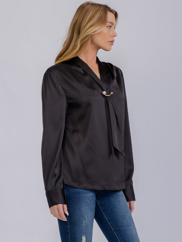 WOMEN'S LONG SLEEVE V-NECK SCARF DETAILED BLOUSE