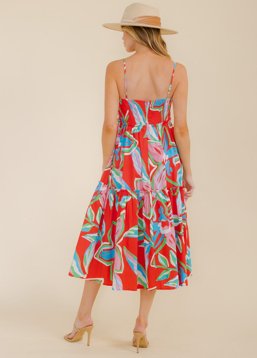 WOMEN'S SLEEVELESS MULTI PRINT SMOCK MIDI DRESS