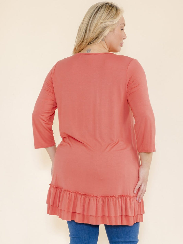 PLUS SIZE 3/4 SLEEVES RUFFLE BOTTOM HEM TUNIC HIGH-LOW TOP