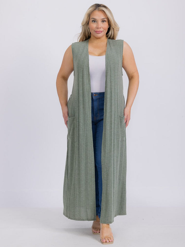 PLUS SIZE SLEEVELESS FRONT POCKETS SELF TIE CARDIGAN