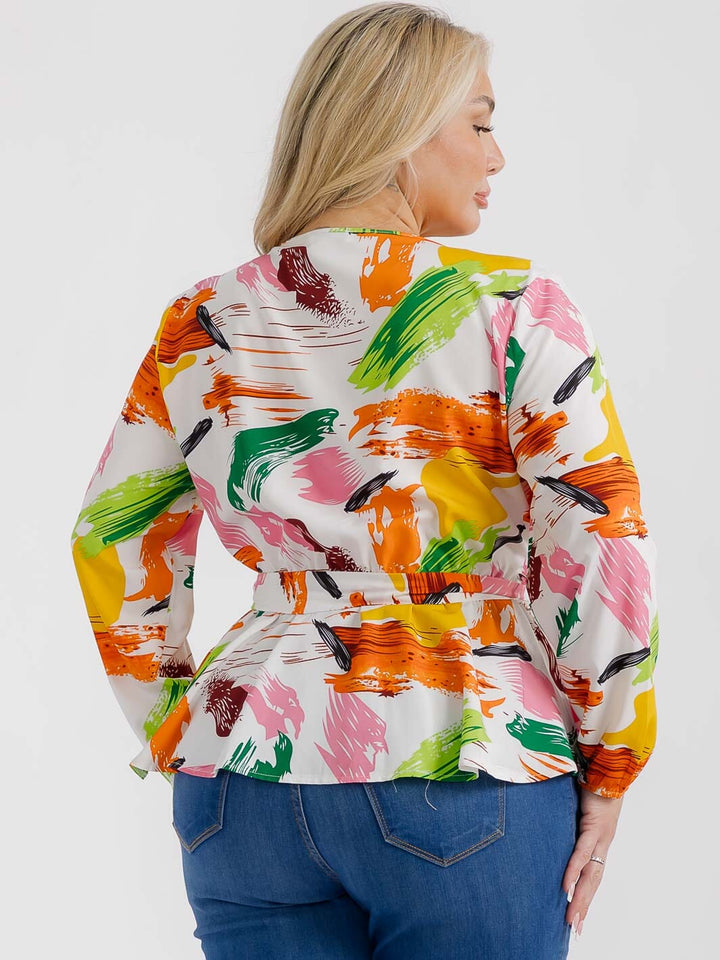 PLUS SIZE LONG SLEEVES SURPLICE SELF TIE MULTI PRINT BLOUSE