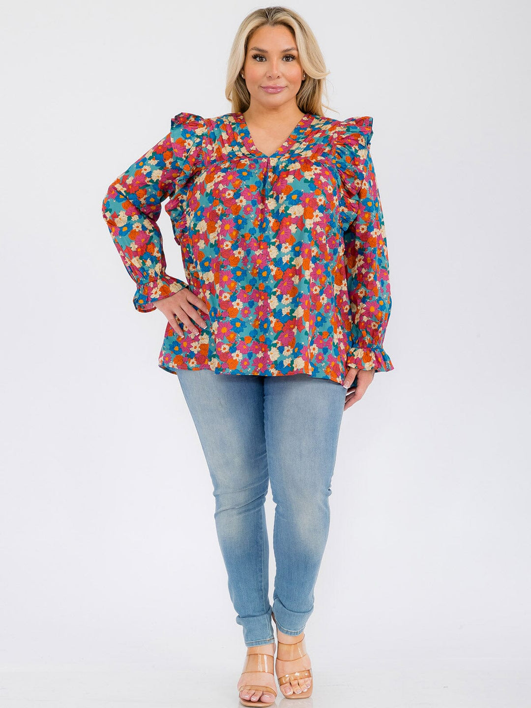 PLUS SIZE LONG SLEEVE V-NECK RUFFLE FLORAL BLOUSE TOP
