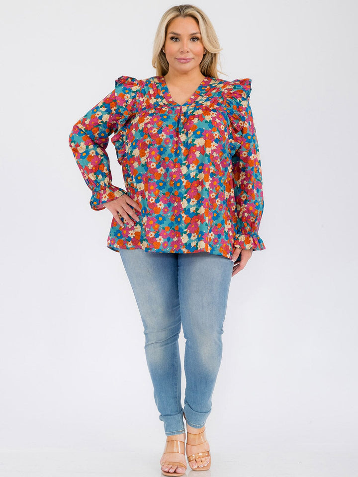 PLUS SIZE LONG SLEEVE V-NECK RUFFLE FLORAL BLOUSE TOP