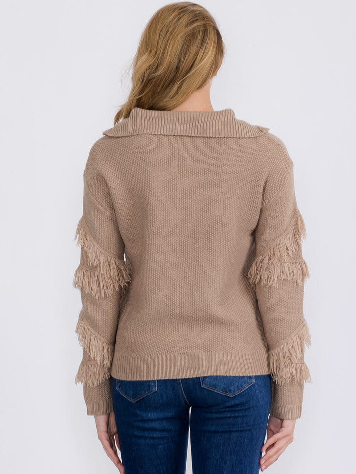 WOMEN'S LONG SLEEVE ZIP UP FRINGE DETAILED PULLOVER SWEATER