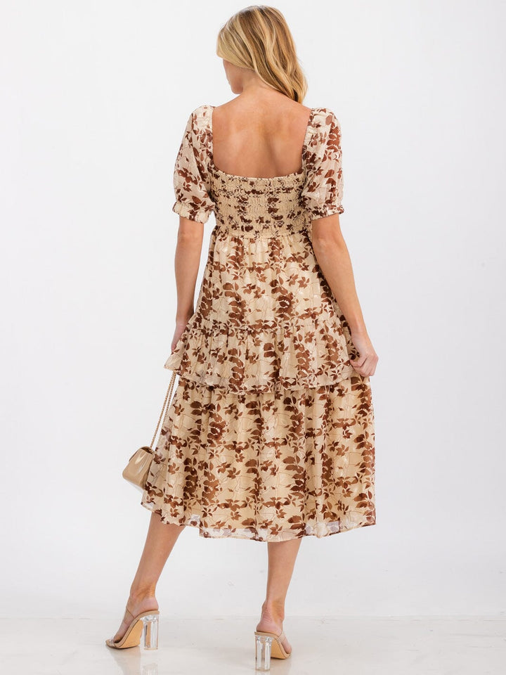 WOMEN'S SHORT SLEEVE SMOCK RUFFLE TIERED LEAF PRINT MIDI DRESS