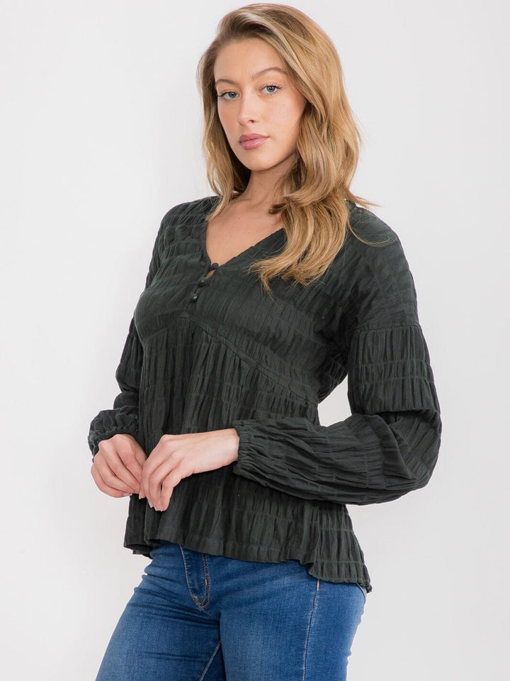 WOMEN'S LONG SLEEVE BUTTON UP V-NECK BLOUSE