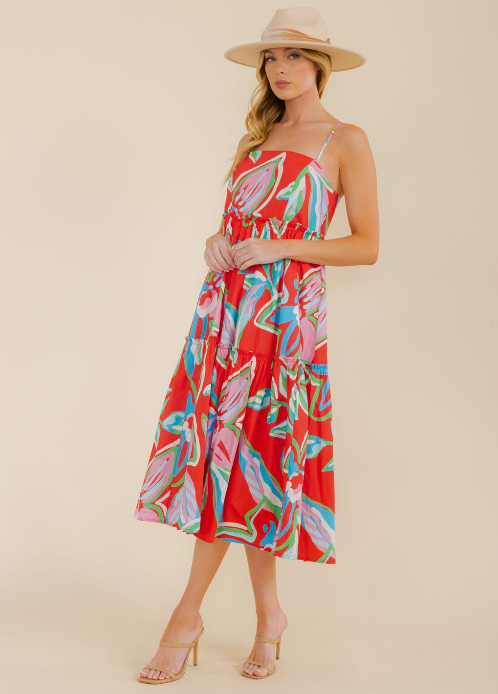 WOMEN'S SLEEVELESS MULTI PRINT SMOCK MIDI DRESS