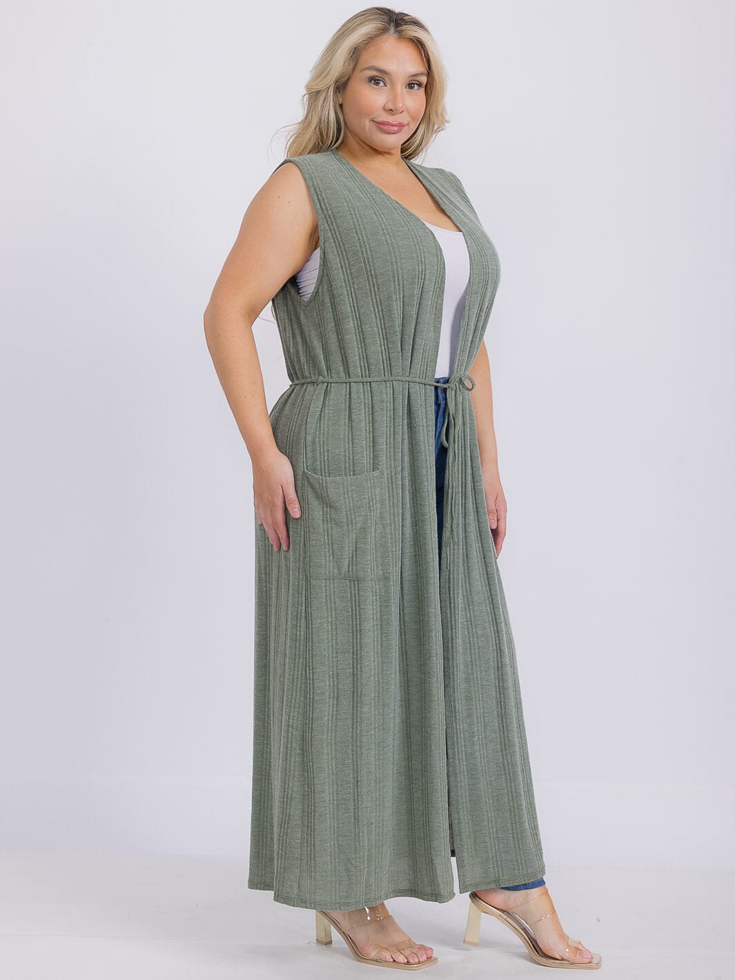 PLUS SIZE SLEEVELESS FRONT POCKETS SELF TIE CARDIGAN