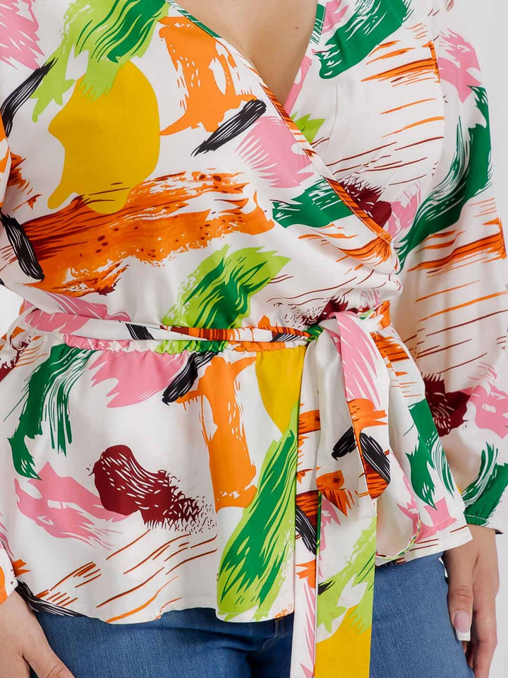 PLUS SIZE LONG SLEEVES SURPLICE SELF TIE MULTI PRINT BLOUSE