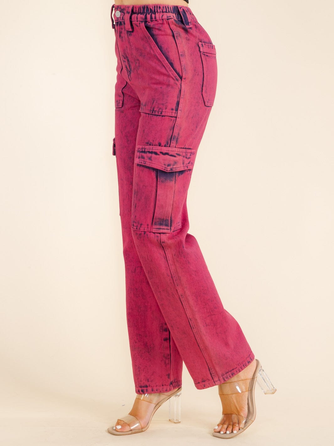 WOMEN'S BUTTON CLOSURE POCKETS WASHED WIDE LEG DENIM PANTS