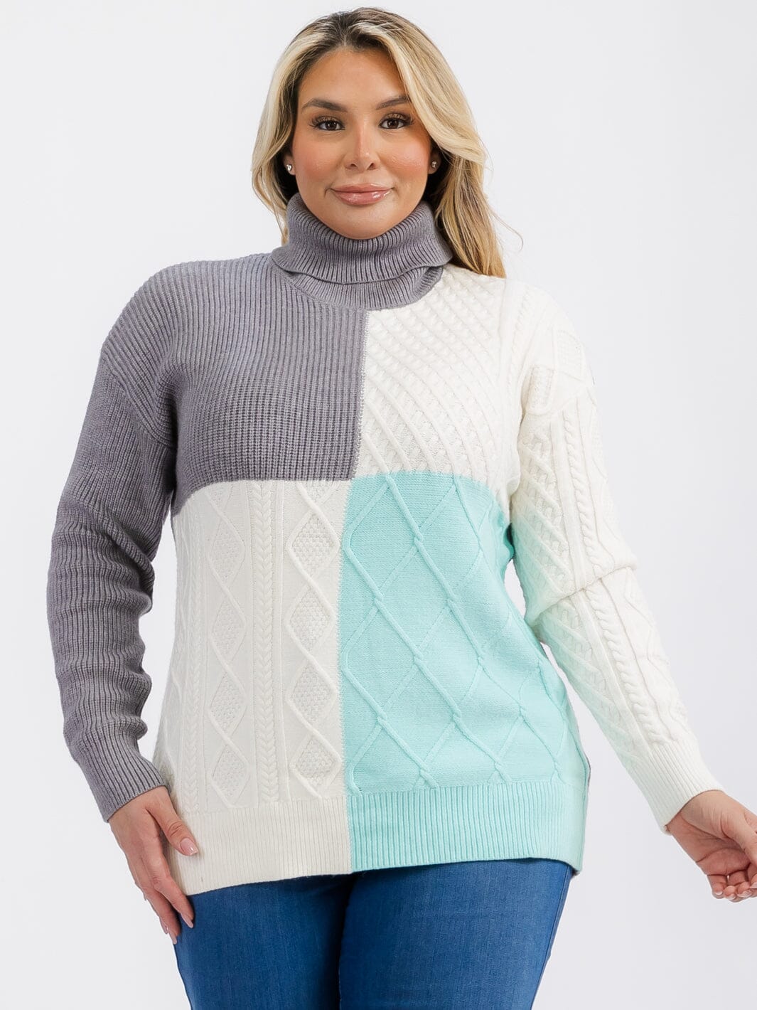 PLUS SIZE LONG SLEEVE TURTLE NECK DETAILED COLORBLOCK PULLOVER SWEATER