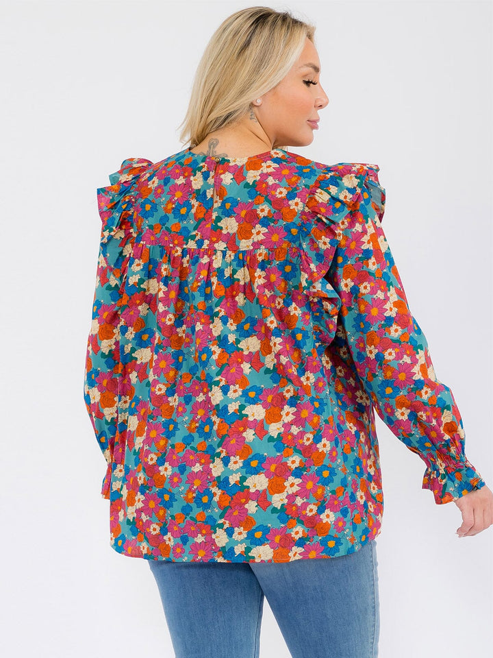 PLUS SIZE LONG SLEEVE V-NECK RUFFLE FLORAL BLOUSE TOP