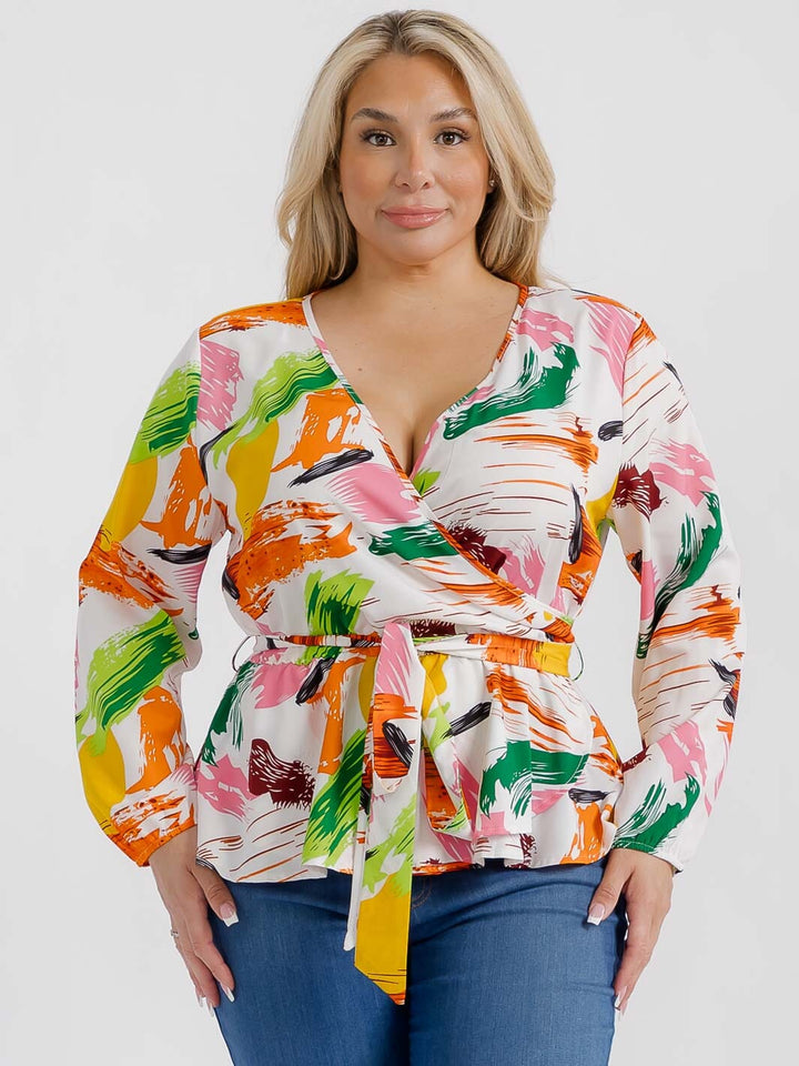 PLUS SIZE LONG SLEEVES SURPLICE SELF TIE MULTI PRINT BLOUSE