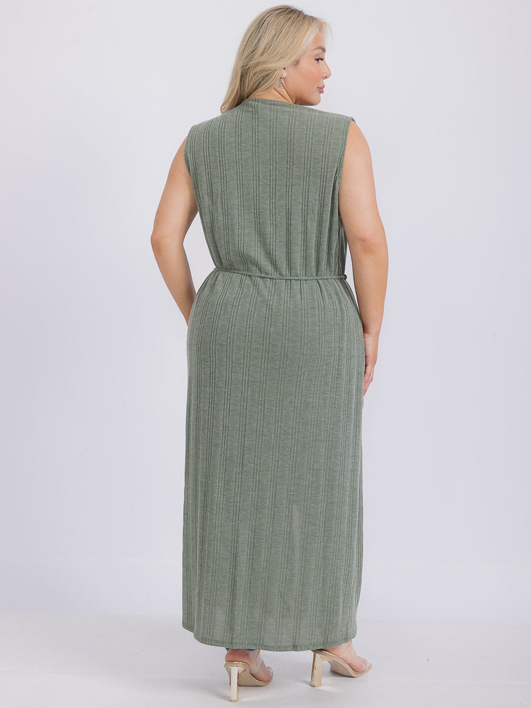 PLUS SIZE SLEEVELESS FRONT POCKETS SELF TIE CARDIGAN