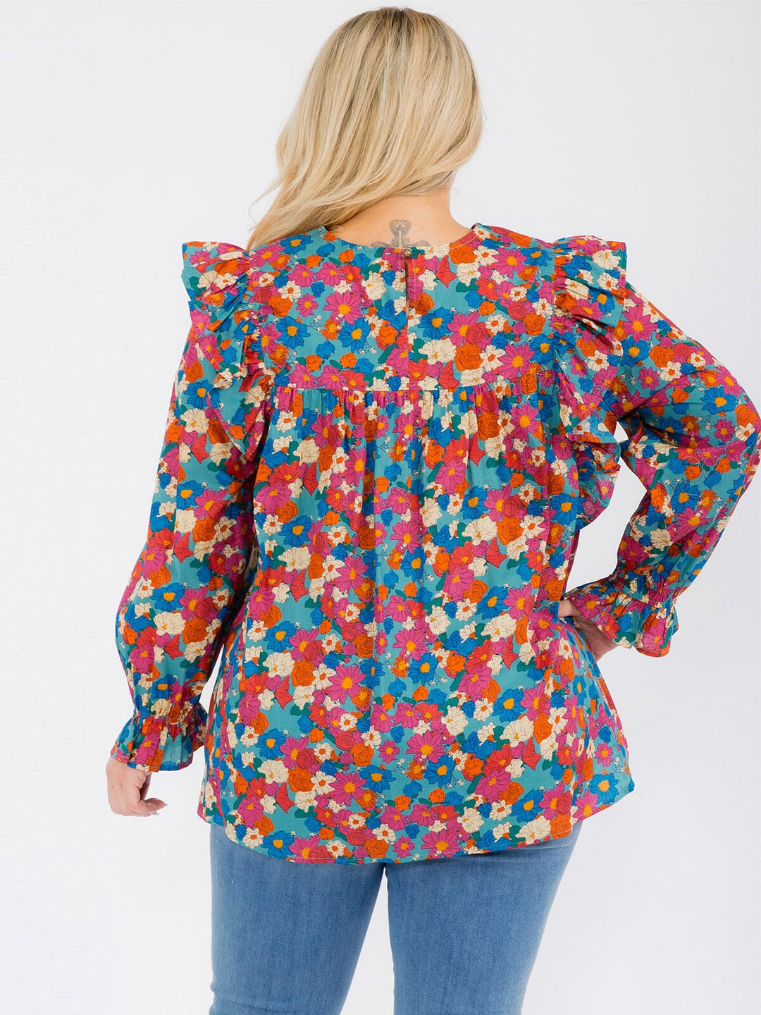 PLUS SIZE LONG SLEEVE V-NECK RUFFLE FLORAL BLOUSE TOP