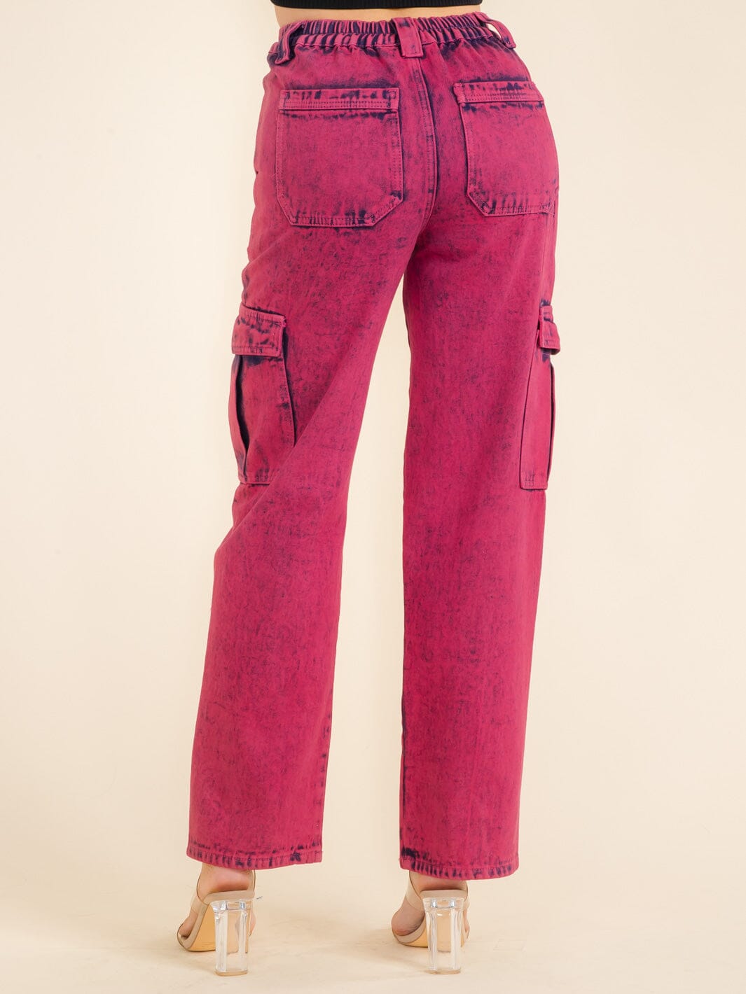WOMEN'S BUTTON CLOSURE POCKETS WASHED WIDE LEG DENIM PANTS