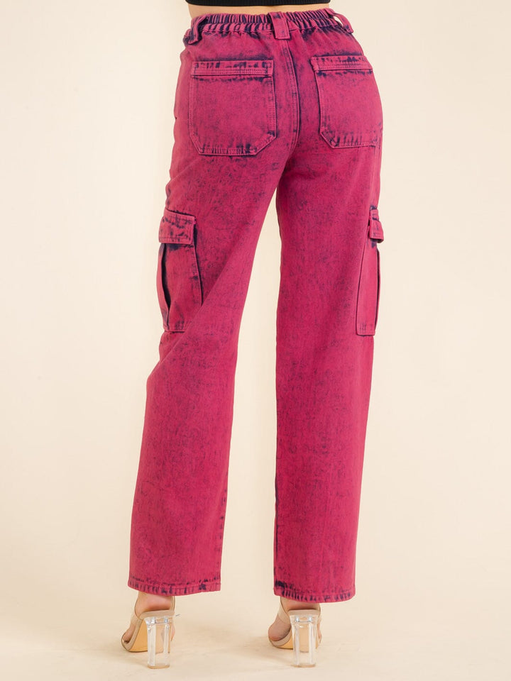 WOMEN'S BUTTON CLOSURE POCKETS WASHED WIDE LEG DENIM PANTS