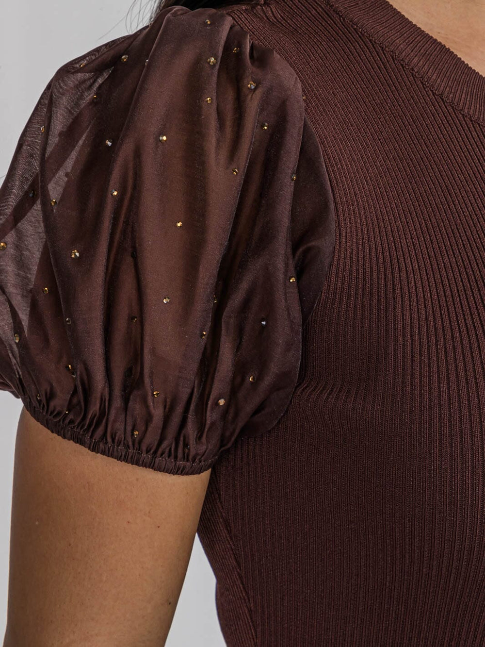 WOMEN'S SHORT PUFF SLEEVE BODYCON RIBBED MINI SWEATER DRESS