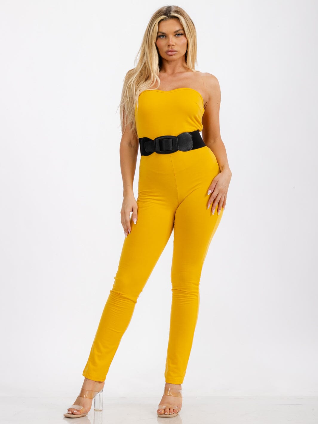 WOMEN'S SLEEVELESS BODYCON BELTED SOLID SKINNY LEG JUMPSUIT