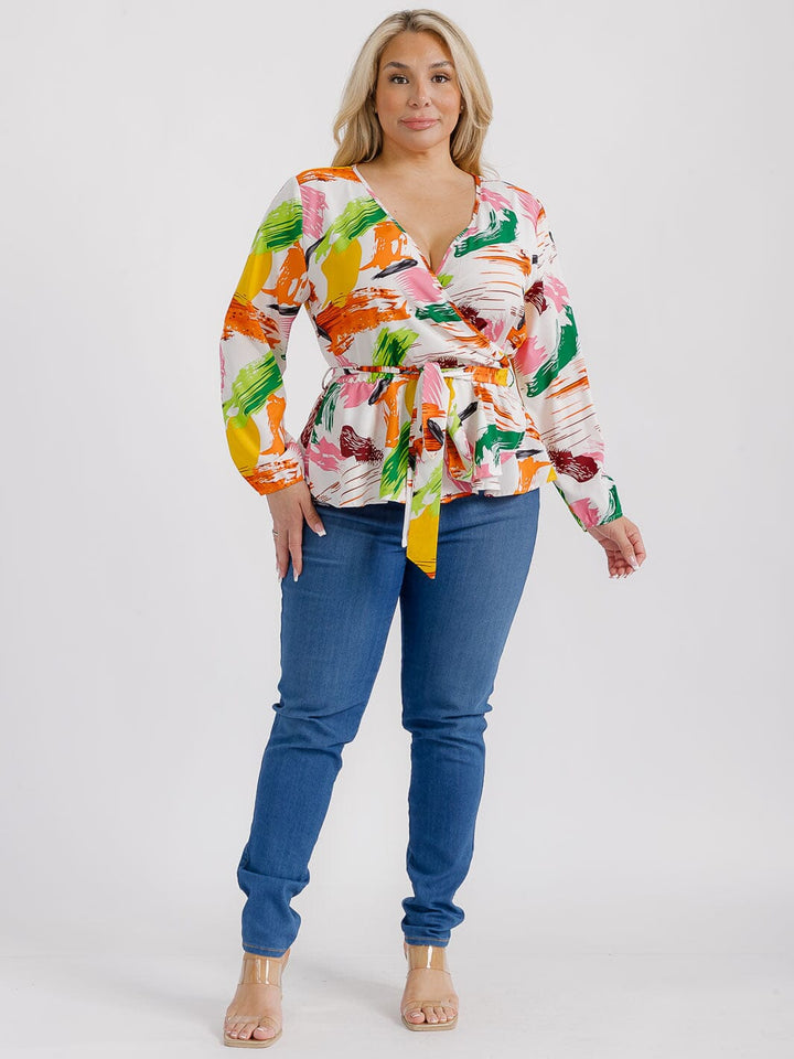 PLUS SIZE LONG SLEEVES SURPLICE SELF TIE MULTI PRINT BLOUSE
