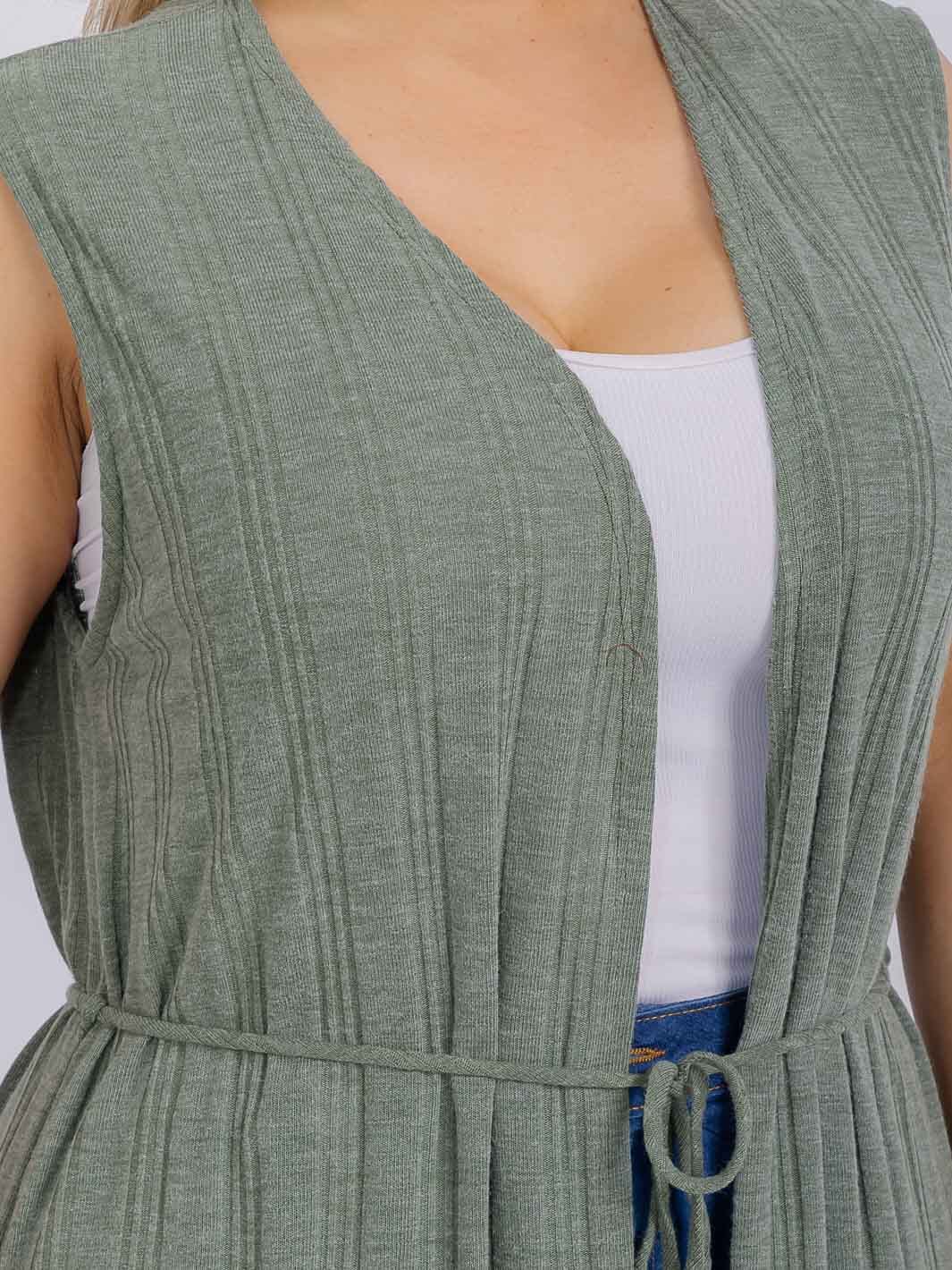 PLUS SIZE SLEEVELESS FRONT POCKETS SELF TIE CARDIGAN